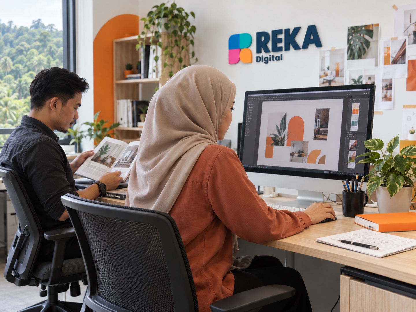 Wanita berhijab bekerja di komputer, rakan membaca buku, dengan pemandangan hutan dan logo Reka Digital di dinding