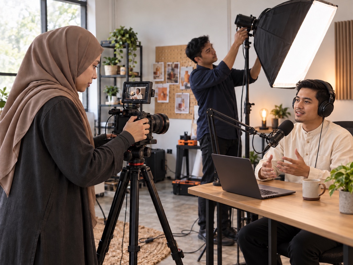 Wanita Asia berhijab dengan pergelangan tangan tertutup mengendalikan kamera dalam sesi rakaman podcast