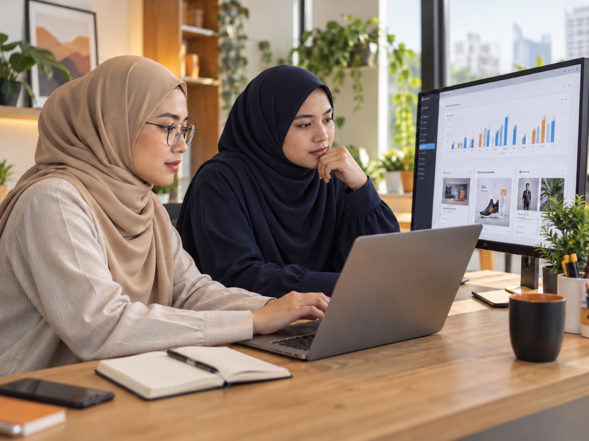 Dua wanita Asia berhijab menyemak kempen iklan digital di pejabat